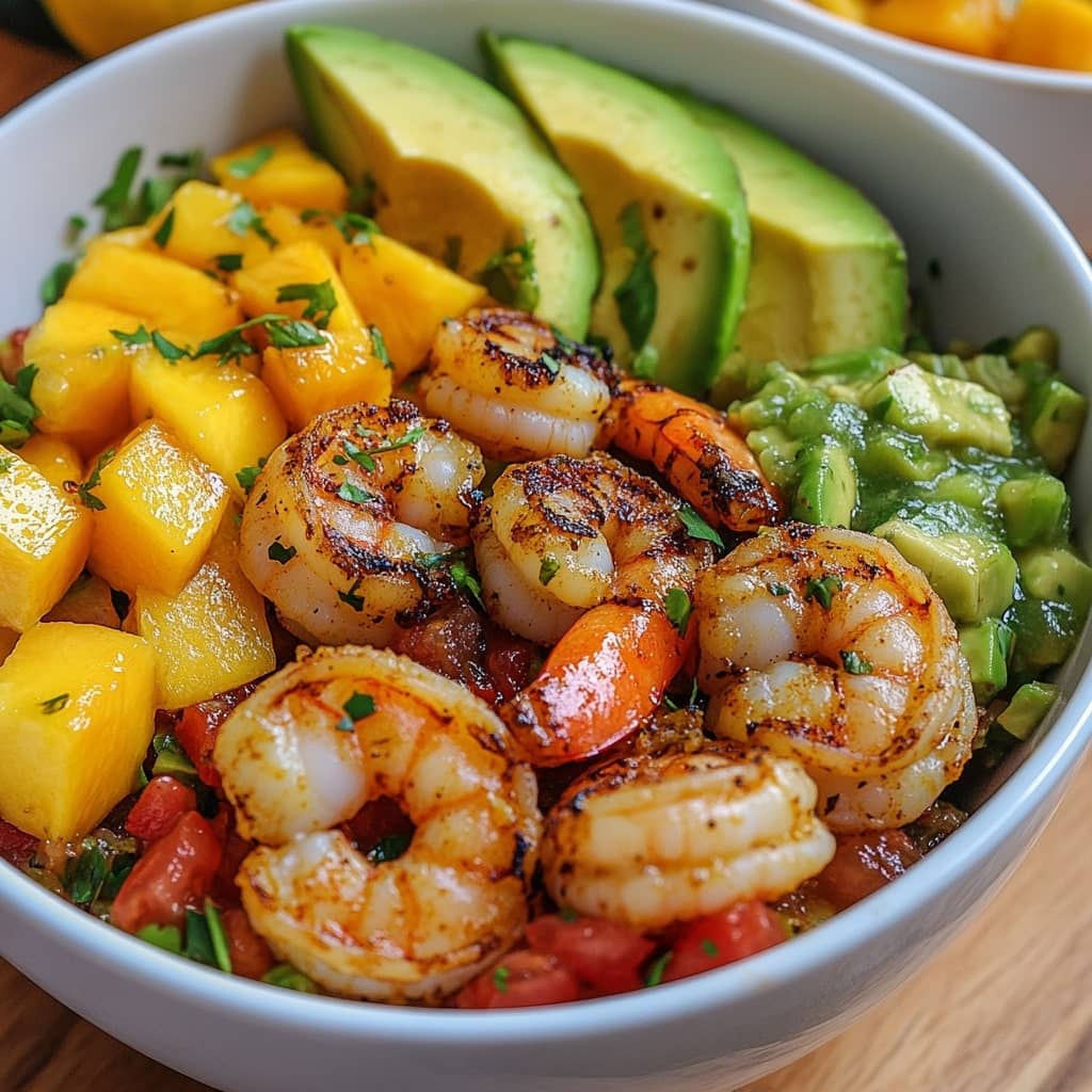 Shrimp and Avocado Bowls with Mango Salsa & Lime-Chili Sauce