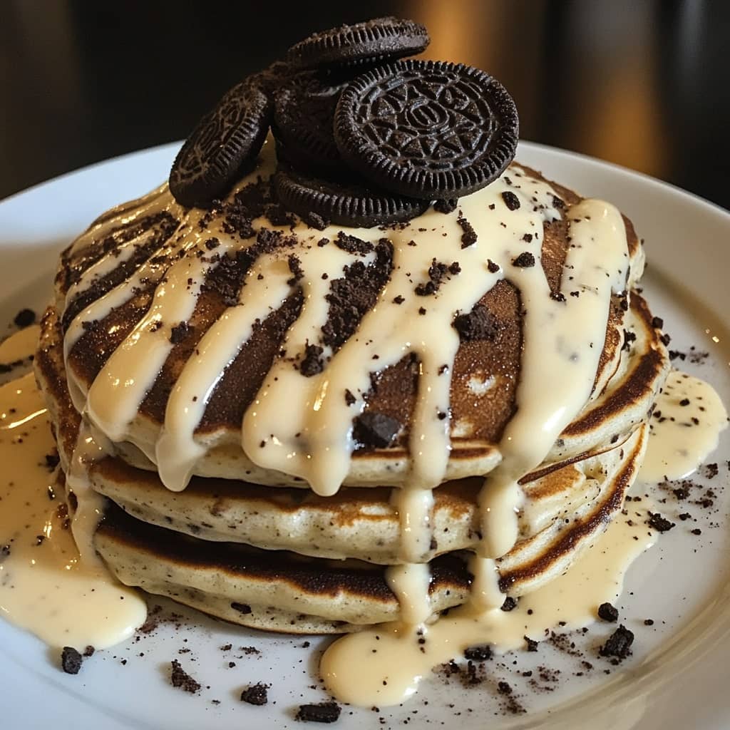 Oreo Pancakes with Cream Cheese Drizzle