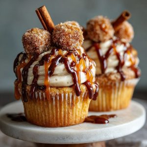 Fluffy Churro Cupcakes Topped with Churro Bites