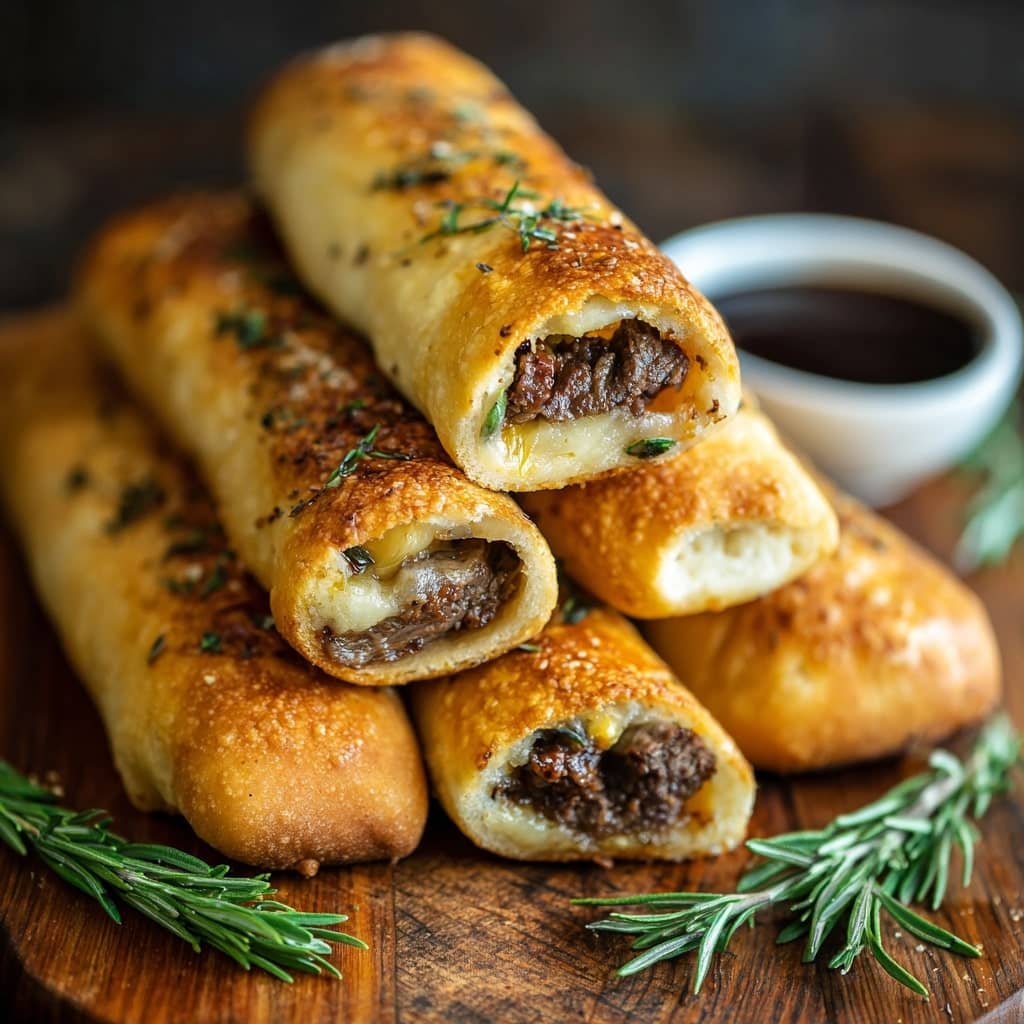 Golden breadsticks stuffed with savory steak
