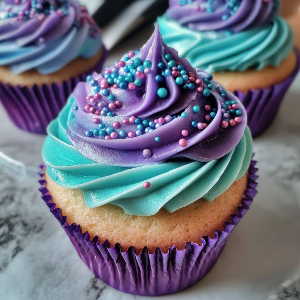 Mermaid Splash Cupcakes with Teal & Purple Waves Frosting