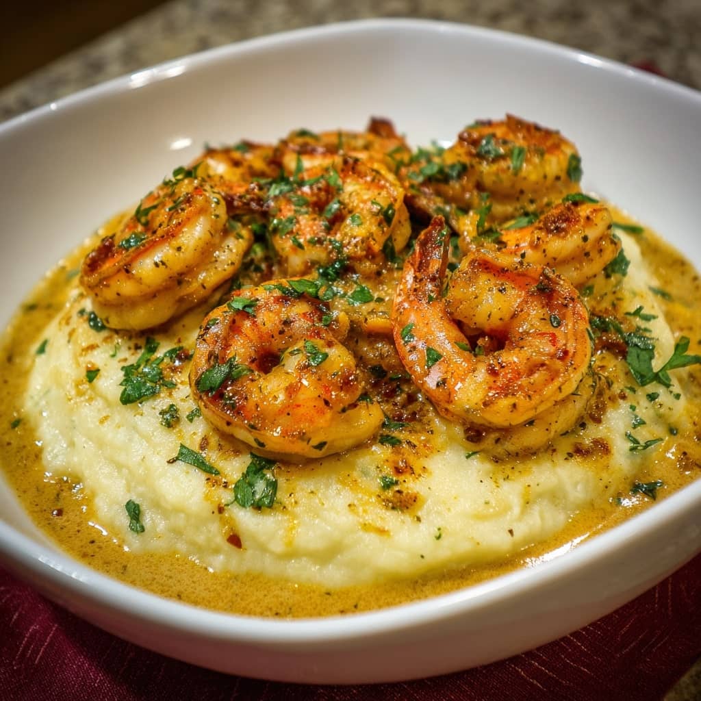 Creamy Garlic Shrimp Over Mashed Potatoes