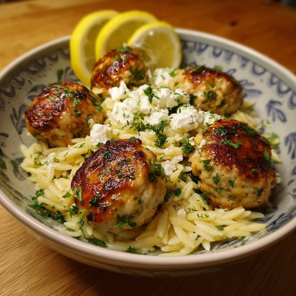 Greek Chicken Meatballs with Lemon Orzo