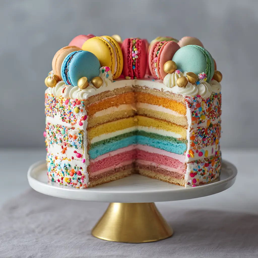 Colorful Macaron-Topped Layer Cake