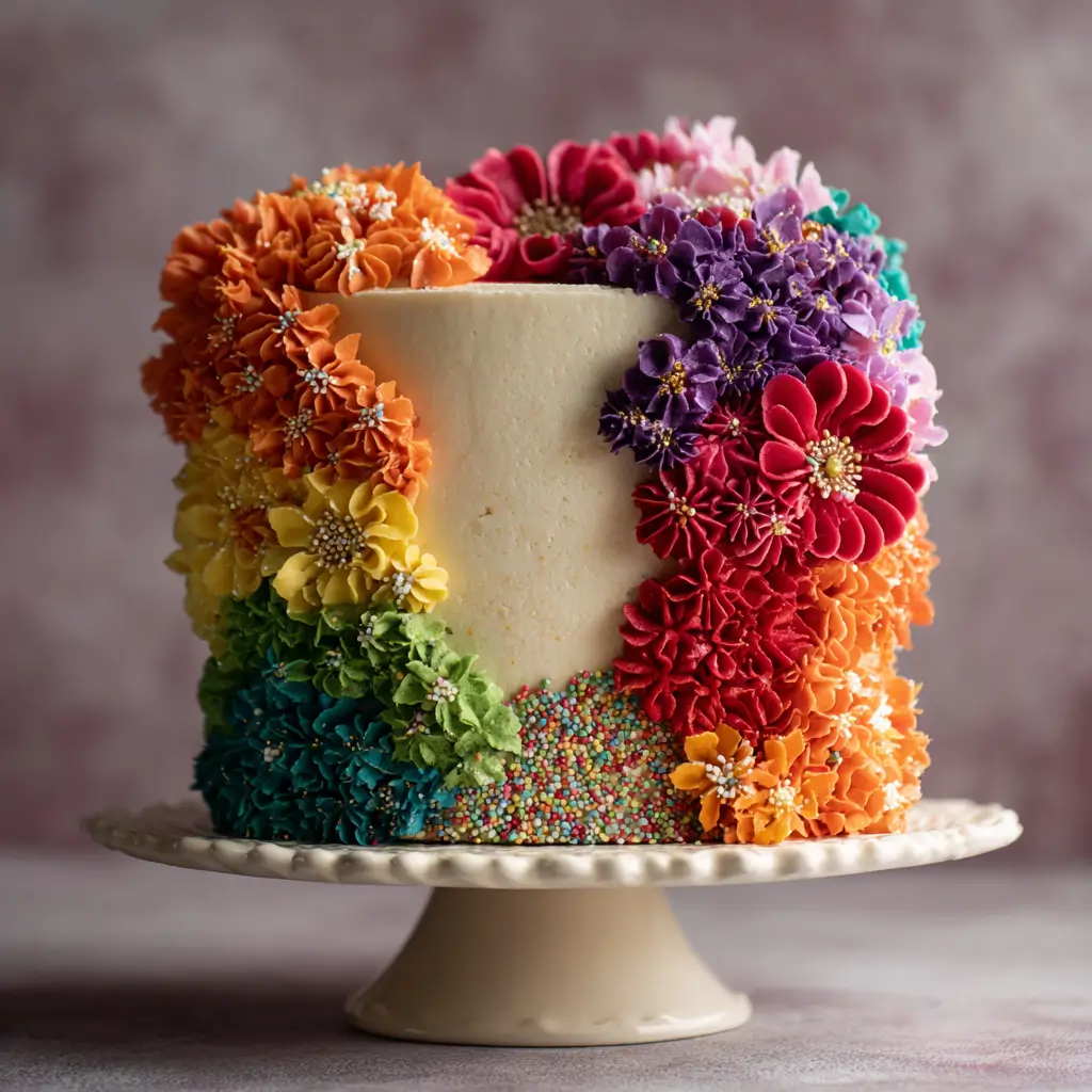 Confetti Cake with Rainbow Buttercream Flowers