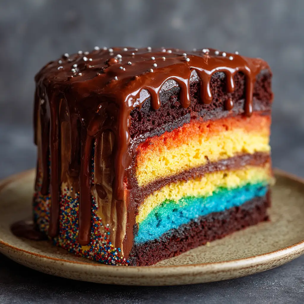 Rainbow Inside Chocolate Frosted Cake