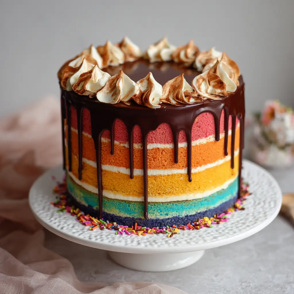 Rainbow Layer Cake with Chocolate Ganache Drip