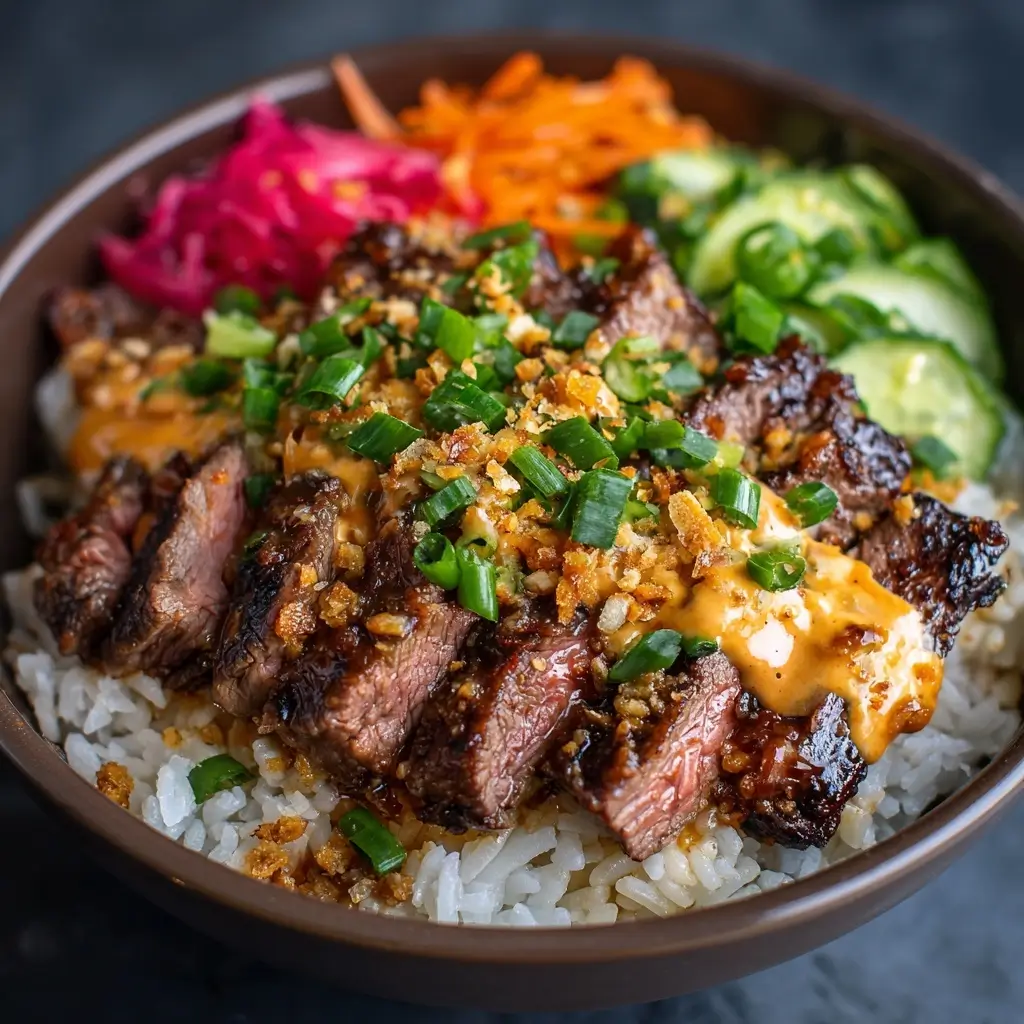 Korean BBQ Steak Rice Bowls with Spicy Cream Sauce