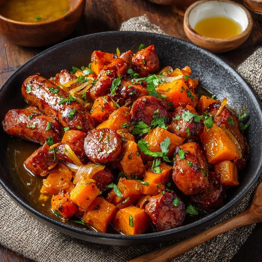 Sausage and Sweet Potatoes with Honey Garlic Sauce