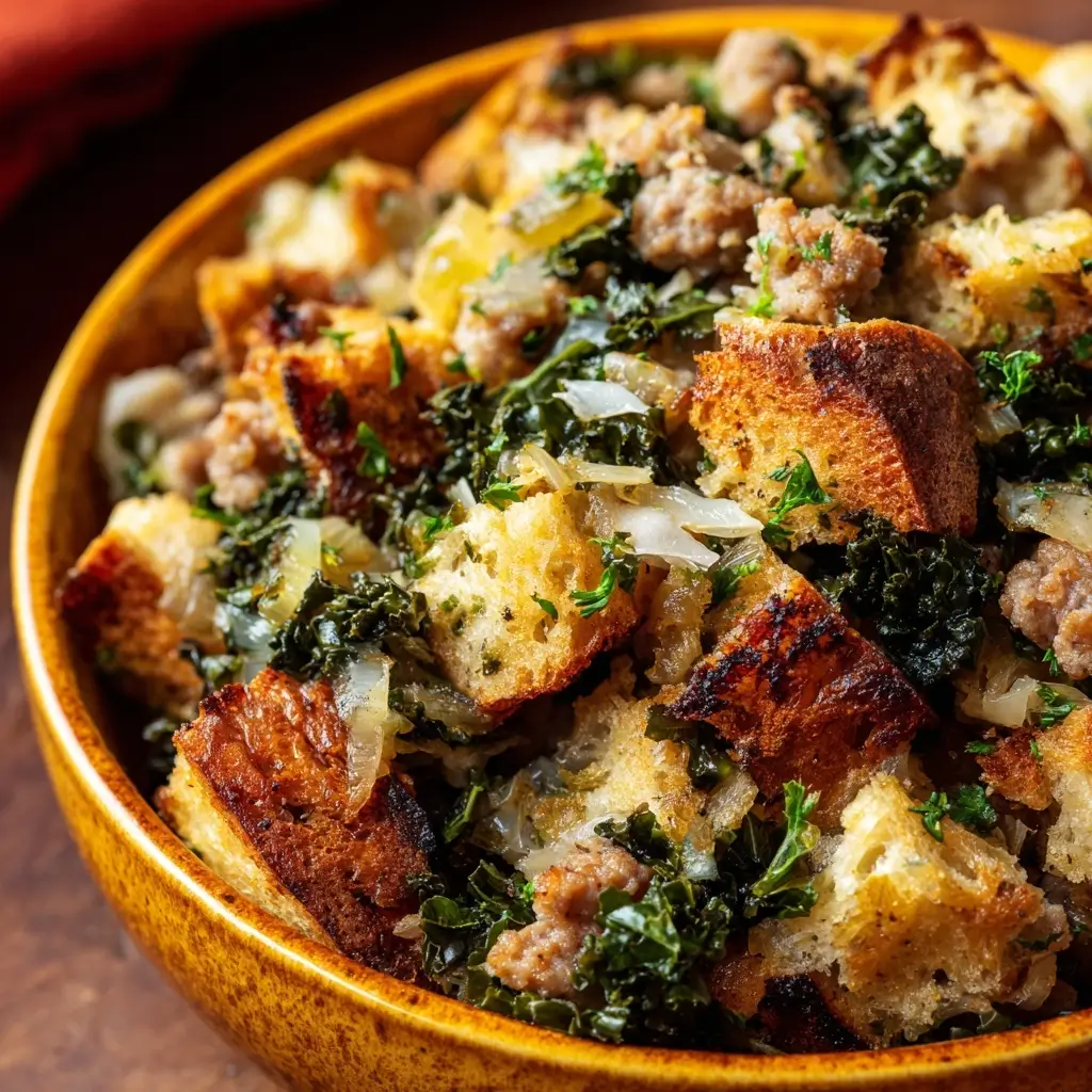 Sourdough Stuffing with Sausage, Onion & Kale