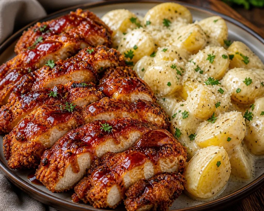 Crunchy Honey BBQ Chicken & Creamy Garlic Parmesan Potatoes
