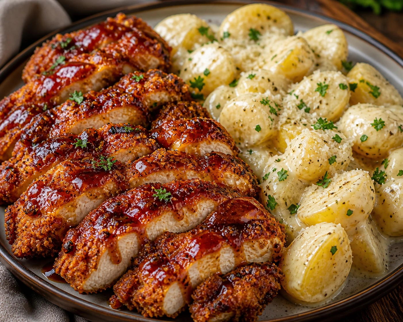 Crunchy Honey BBQ Chicken & Creamy Garlic Parmesan Potatoes