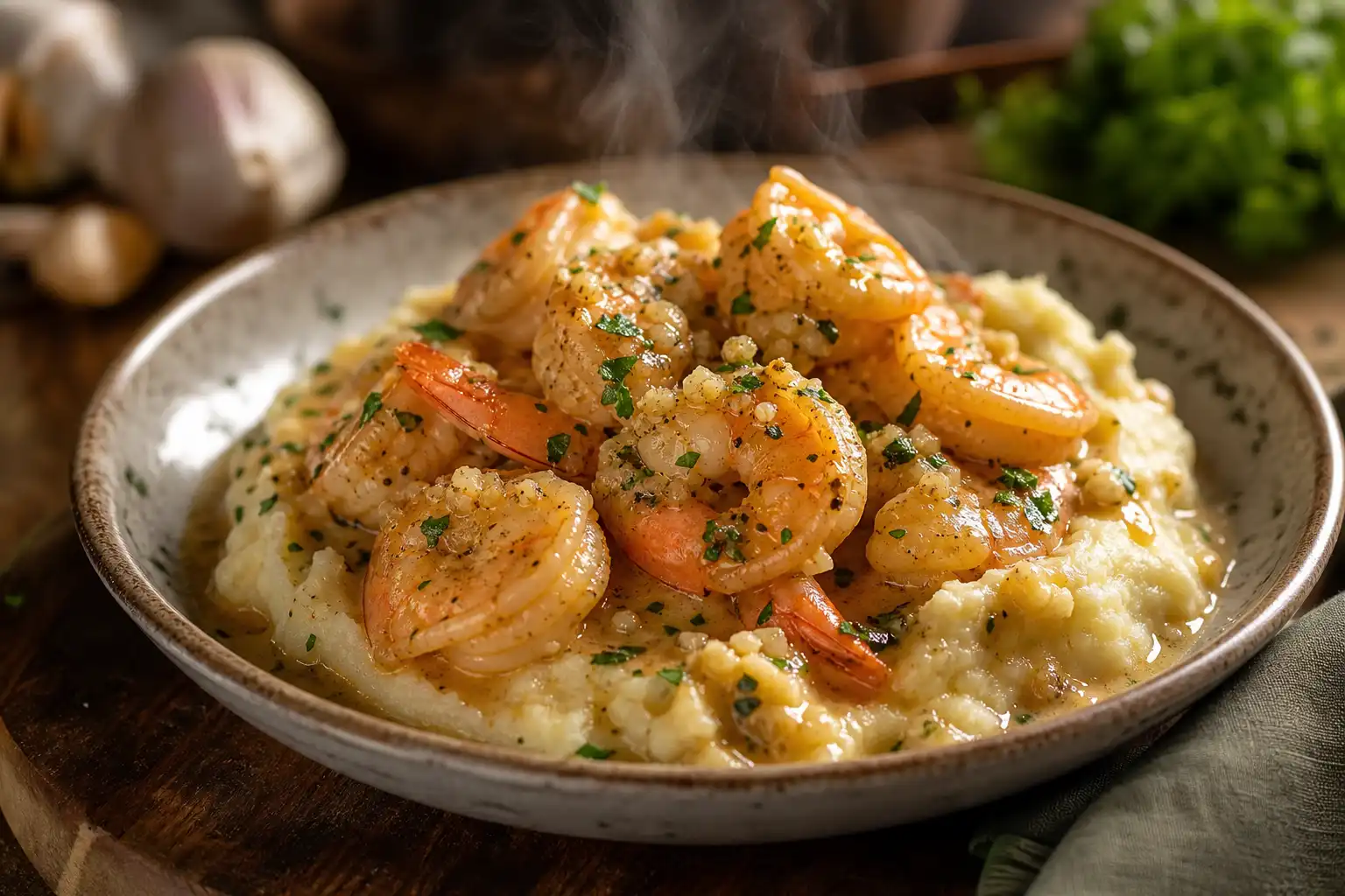 Creamy Garlic Shrimp Over Mashed Potatoes