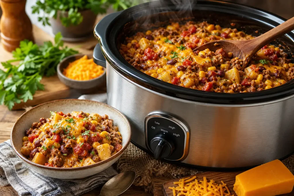 High Protein Crock Pot Cowboy Casserole
