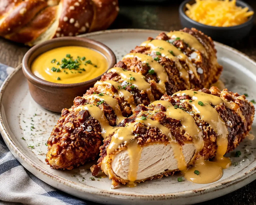 Pretzel Chicken with Mustard-Cheddar Sauce