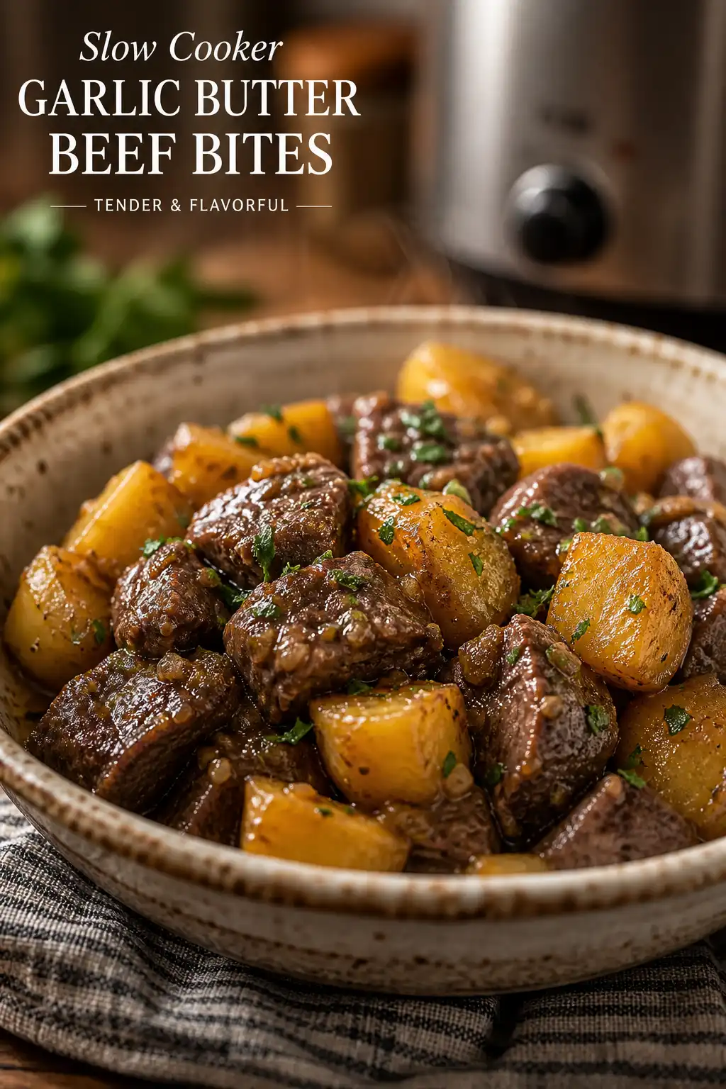 Slow Cooker Garlic Butter Beef Bites with Potatoes