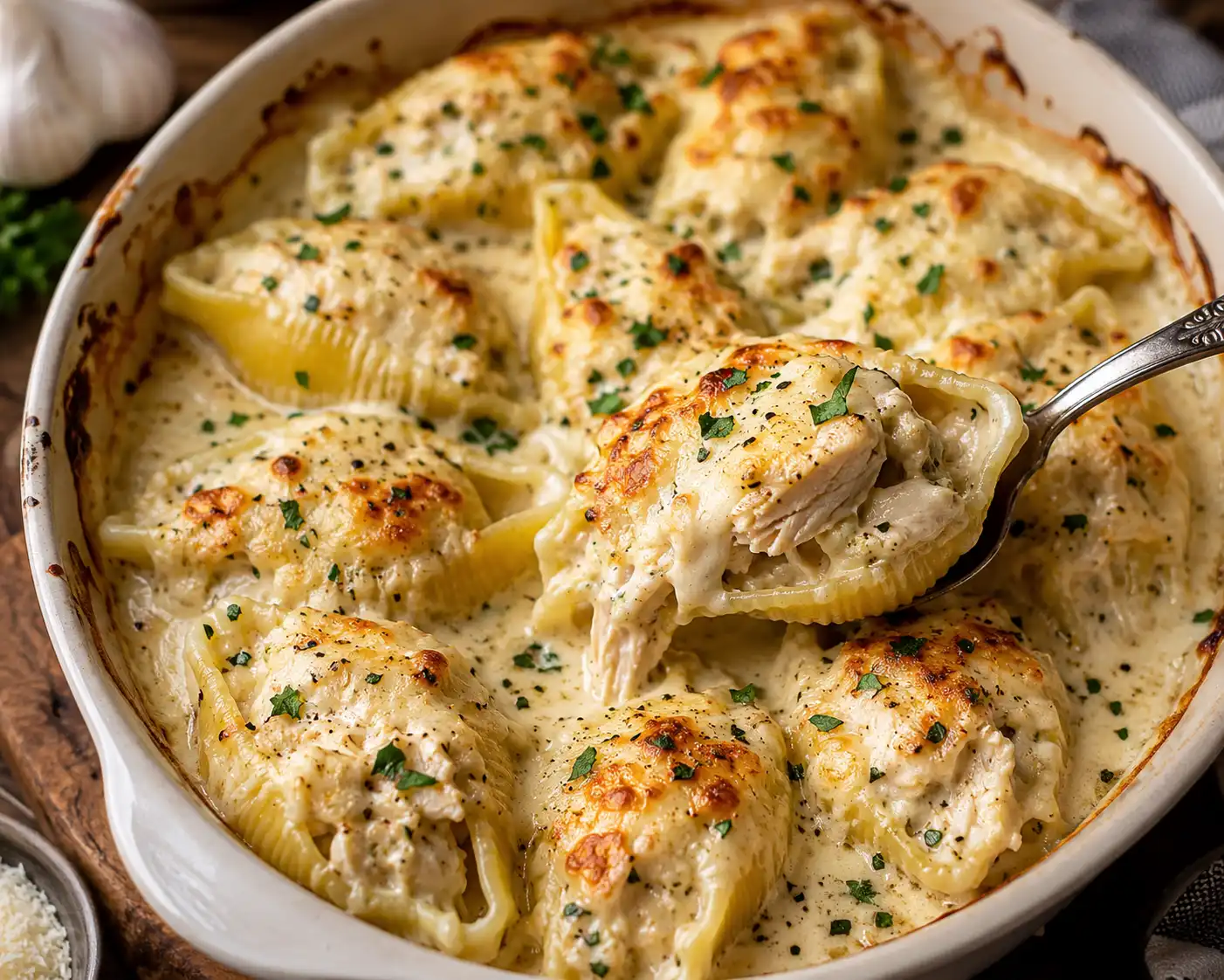 Garlic butter chicken alfredo stuffed shells