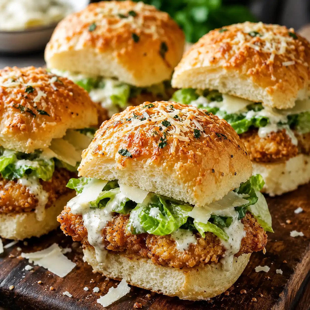 Irresistible Crispy Chicken Caesar Sandwich Sliders on Parmesan Rolls