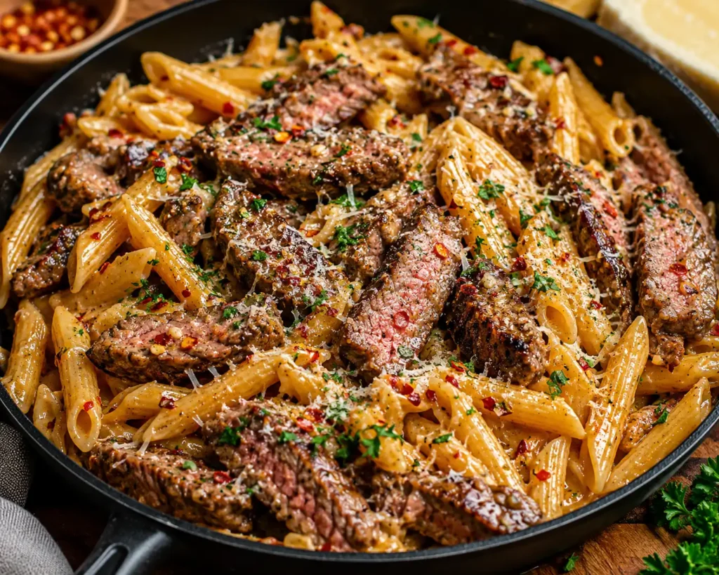 One-Skillet Spicy Garlic Butter Parmesan Steak Pasta