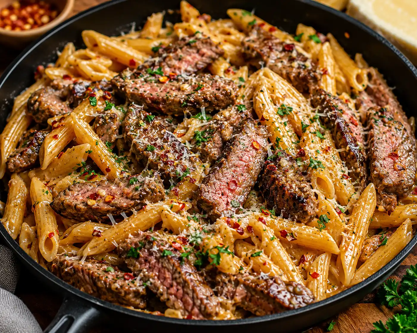 One-Skillet Spicy Garlic Butter Parmesan Steak Pasta
