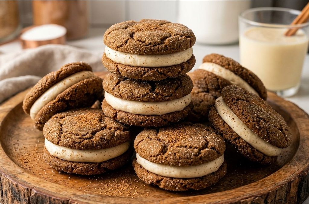 Ginger Molasses Sandwich Cookies with Eggnog Frostings