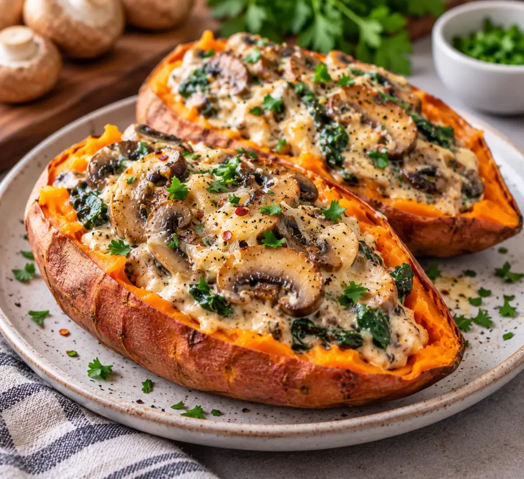 Creamy Mushroom Stuffed Sweet Potatoes